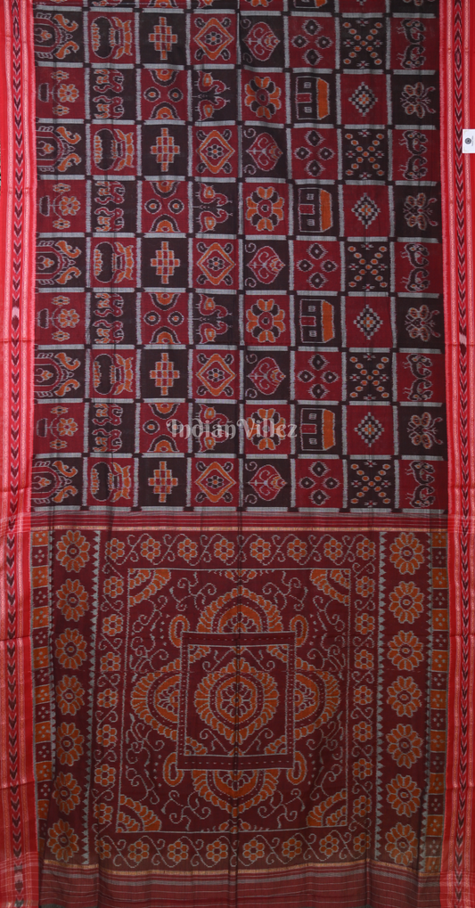 Maroon Black Nabakothi Odisha Ikat Sambalpuri Cotton Saree 