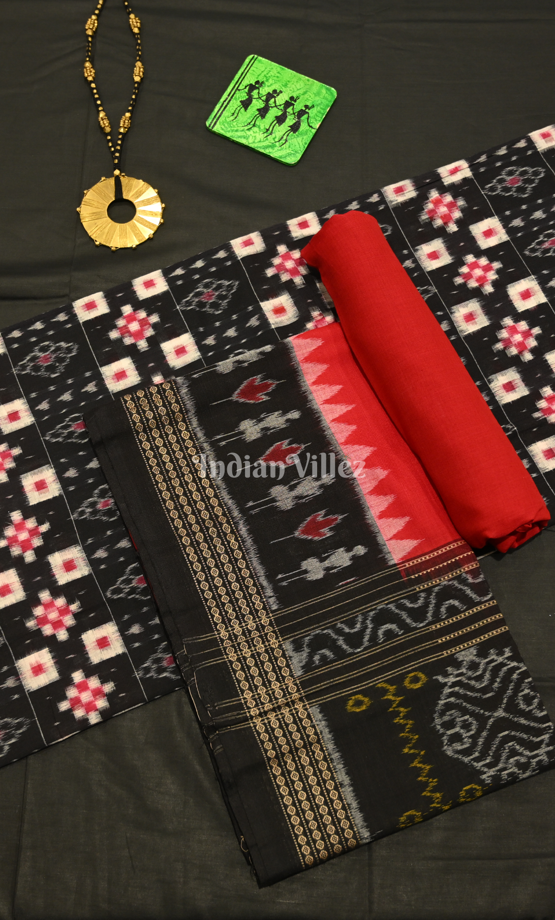 Black Red Pasapali Odisha Ikat Sambalpuri Dress Set & Dupatta 
