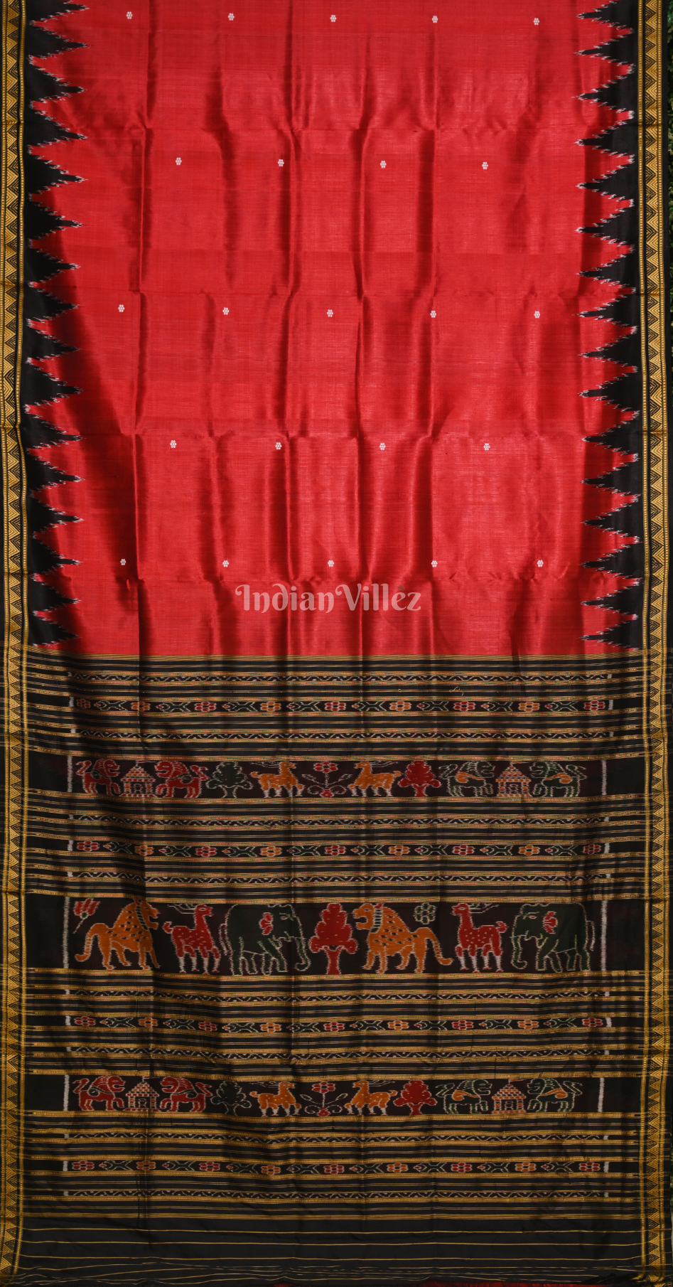 Red Black Butti Design Odisha Ikat Khandua Silk Saree 