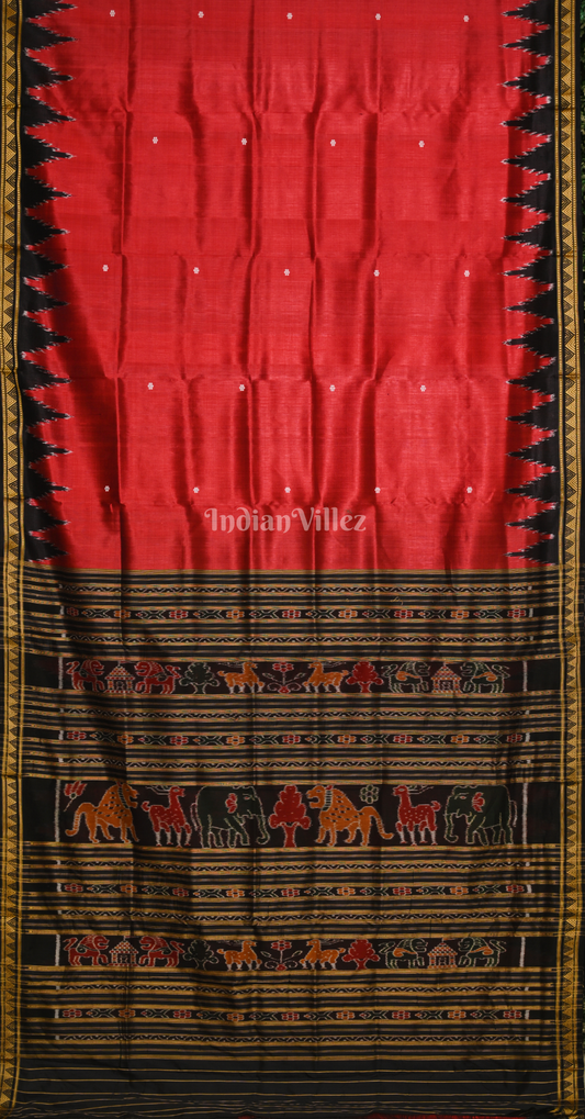 Red Black Butti Design Odisha Ikat Khandua Silk Saree 