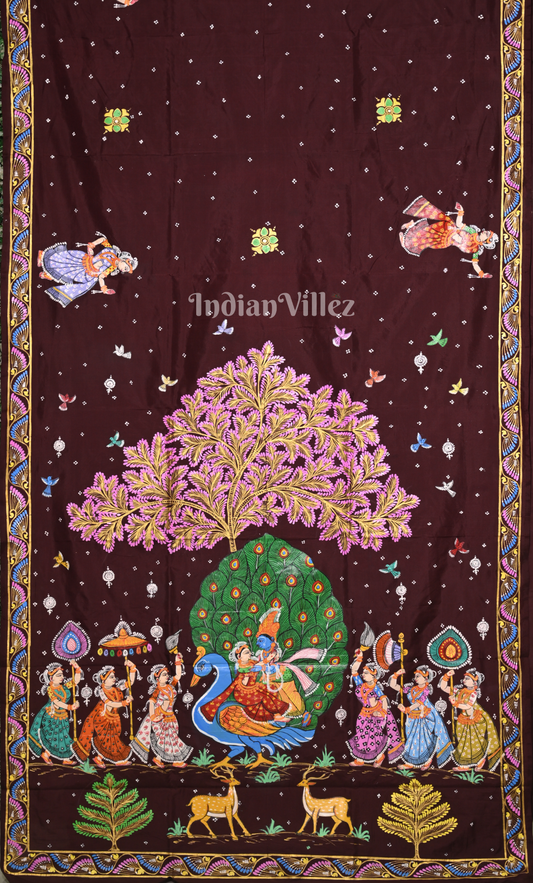 Maroon Peacock (Mayur) & Nartaki Theme  Hand-Painted Pattachitra Saree