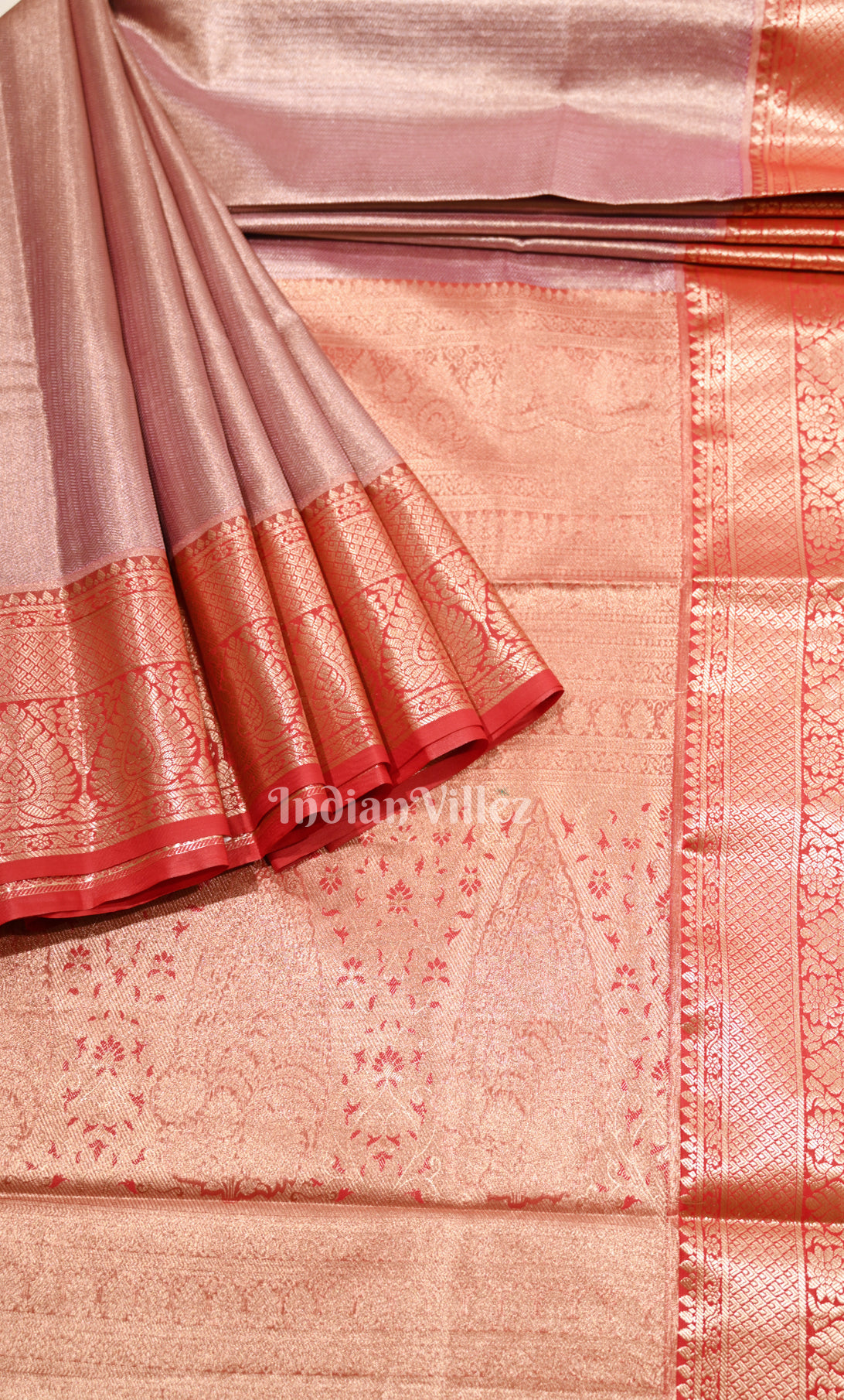 Peach Red  Brocade Pure Kanjivaram Tissue Silk Saree 