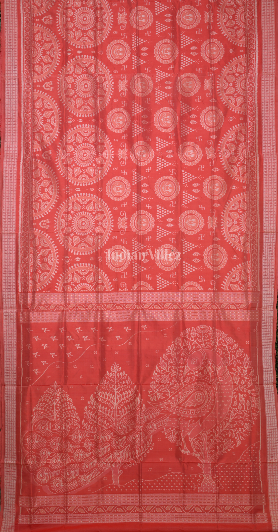 Red Laxmi Feet Jhoti Theme Ikat Sambalpuri Silk Saree with Peacock Anchal