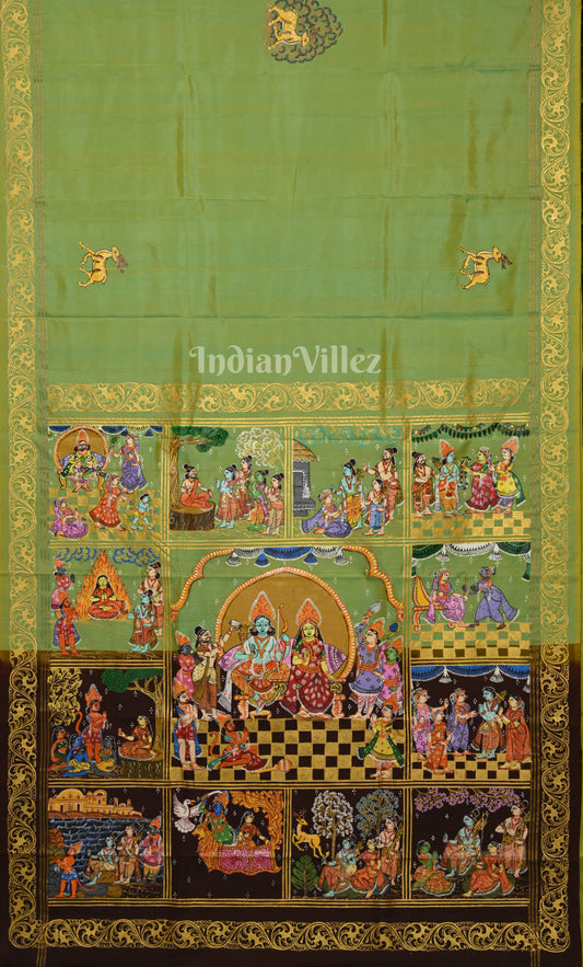 Green Coffee Ramayan Theme Hand-Painted Pattachitra Saree 