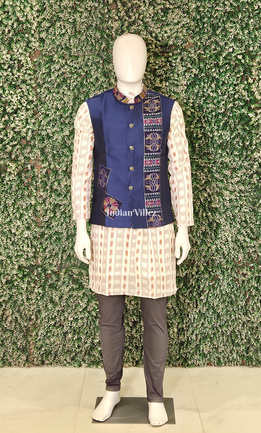 Blue Odisha Ikat Half Bandi Jacket for Men