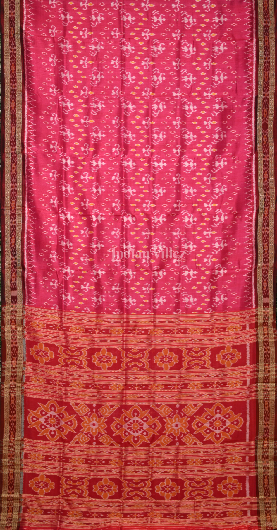 Rani Pink Red Tribal Theme Odisha Ikat Khandua Silk Saree 