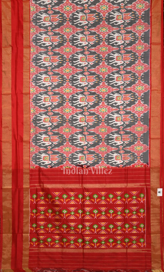  Grey Red Pochampally Ikat Silk Saree 