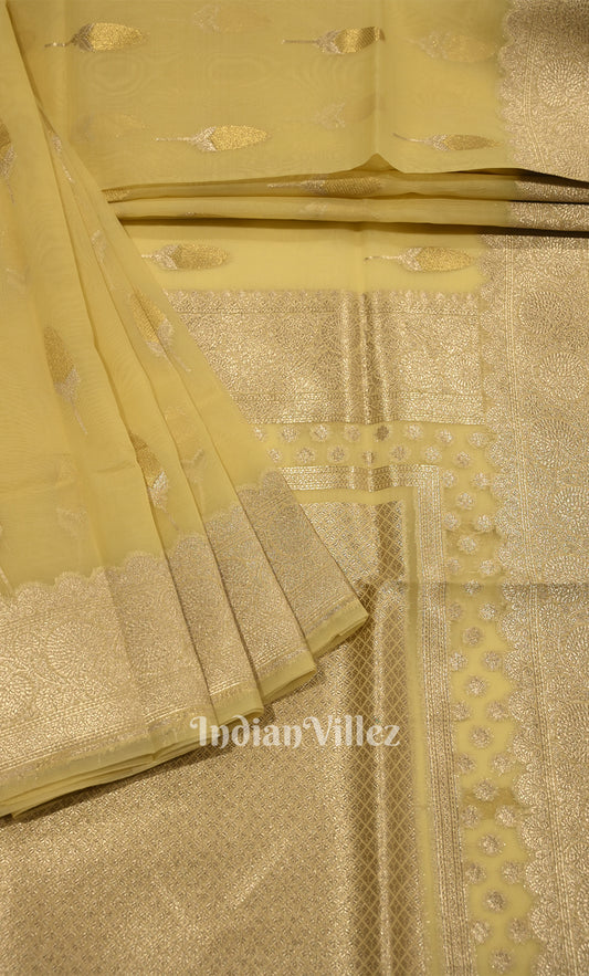 Light Yellow Leaf Motif Chanderi Silk Banarasi Saree