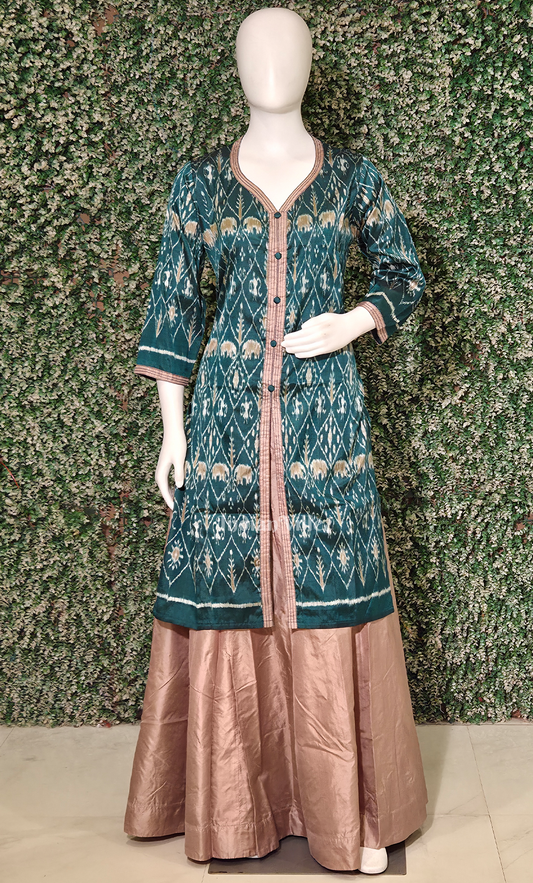 Teal Blue Golden Tribal Motif Odsiha Ikat Silk Kurti Set with Skirt 