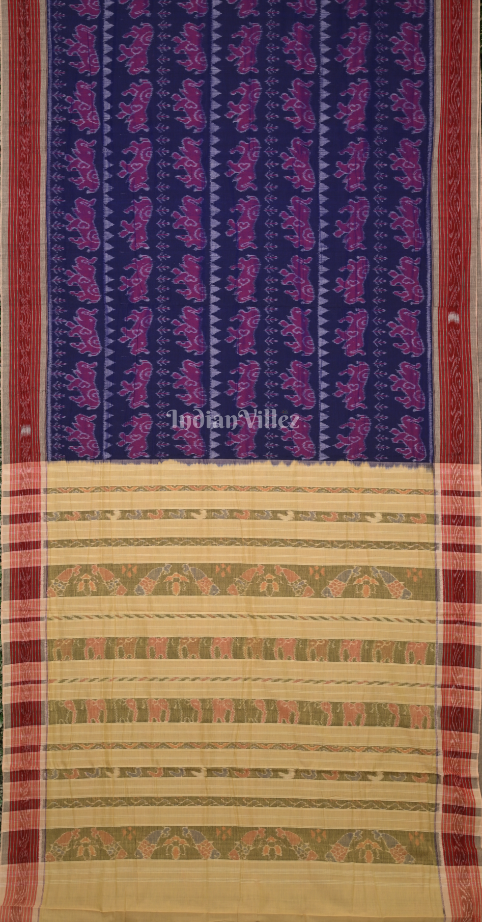 Blue Cream Jungle Motif Odisha Ikat Sambalpuri Cotton Saree 