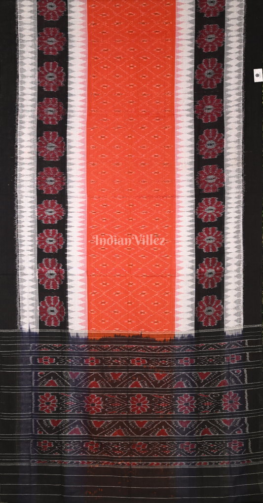 Orange Black White Flower Motif Odisha Ikat Maniabandha Cotton Saree