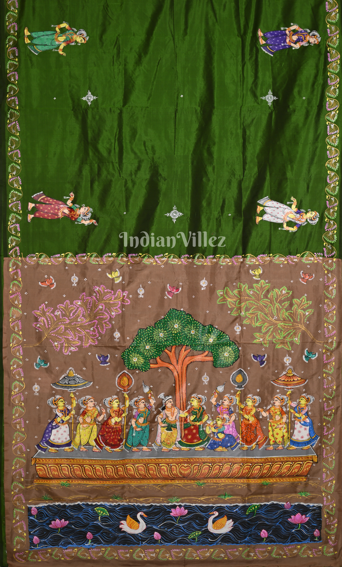 Green Beige Ramayan Theme Hand-painted Pattachitra Saree 