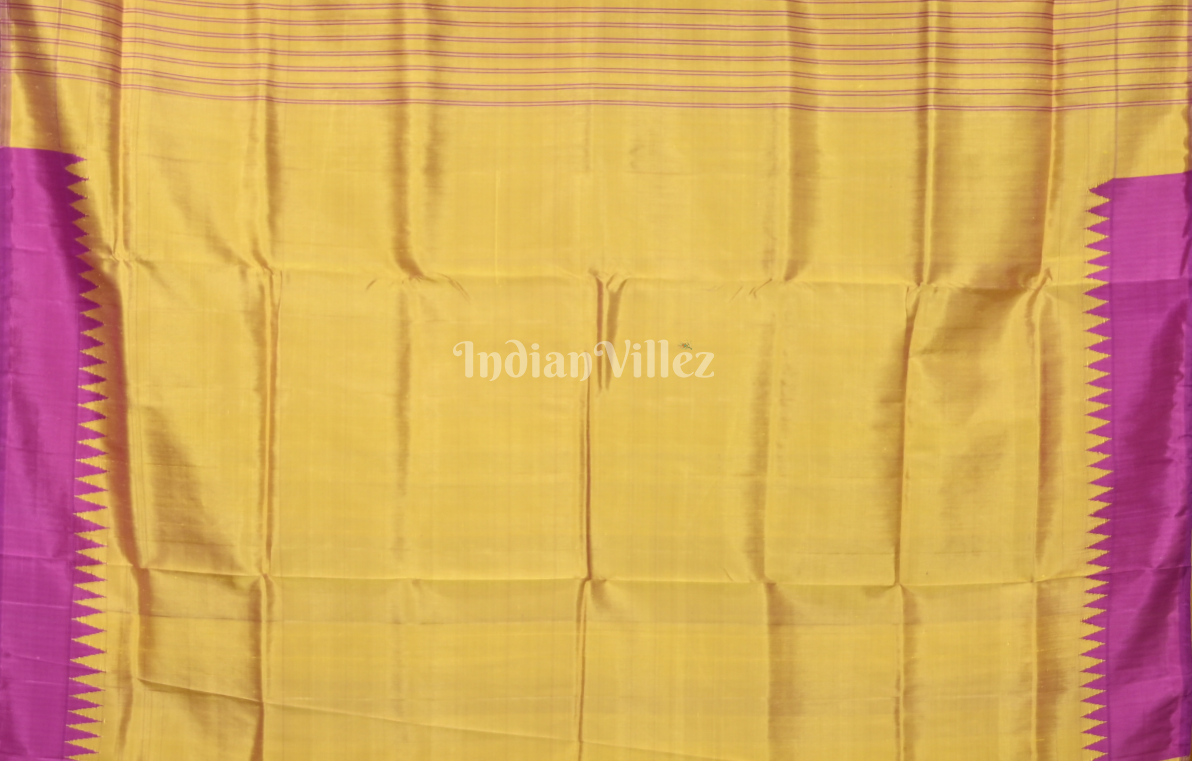 Purple Mustrad Yellow Fish Motif Double Pallu Berhampuri Silk Saree