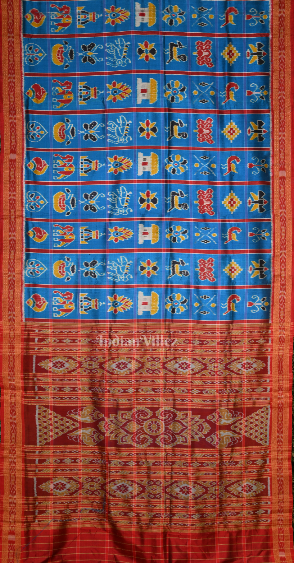 Cyan Blue Red Nabakothi Odisha Ikat Khandua Silk Saree