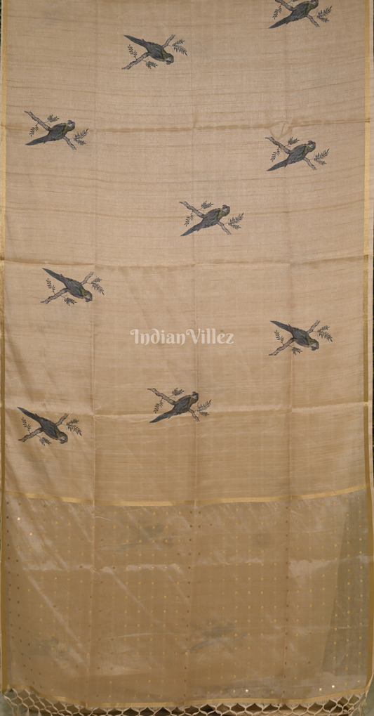  Beige Blue Bird Motif Tusasr Silk Saree 