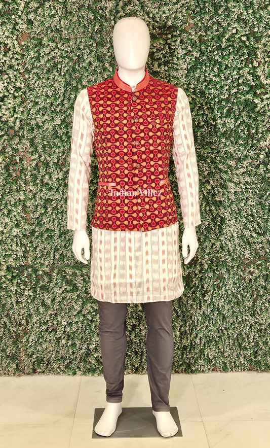 Maroon Geometric Pattern Odisha Ikat Half Bandi Jacket for Men