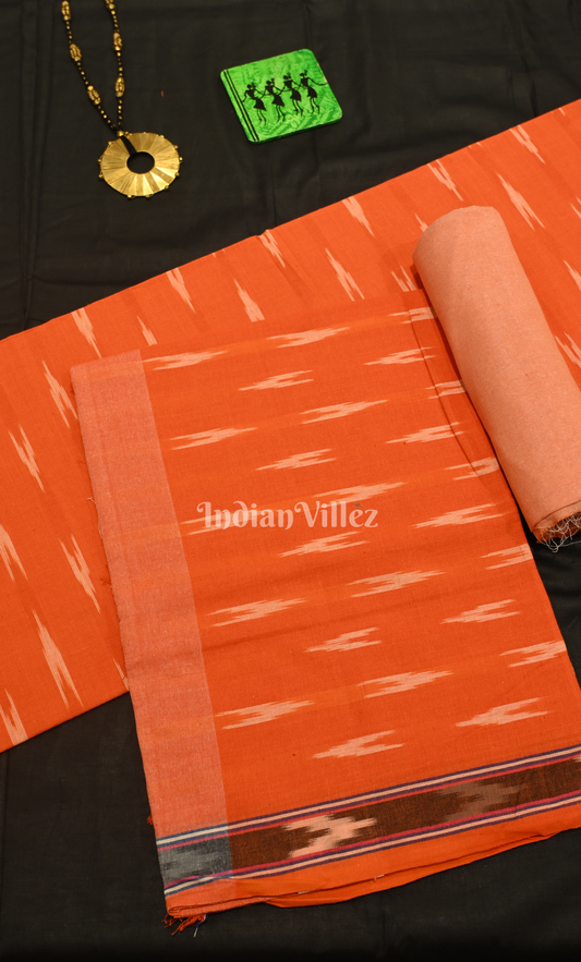 Orange Pochampally Ikat Cotton Unstitched Suit Sets 