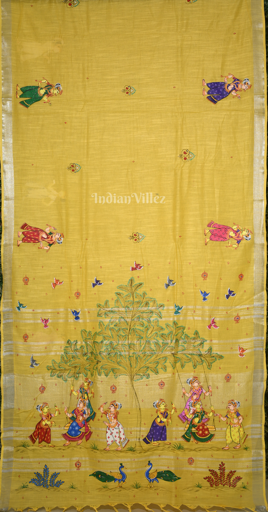 Yellow Raja Doli Theme Hand- Painted Pattachitra Saree