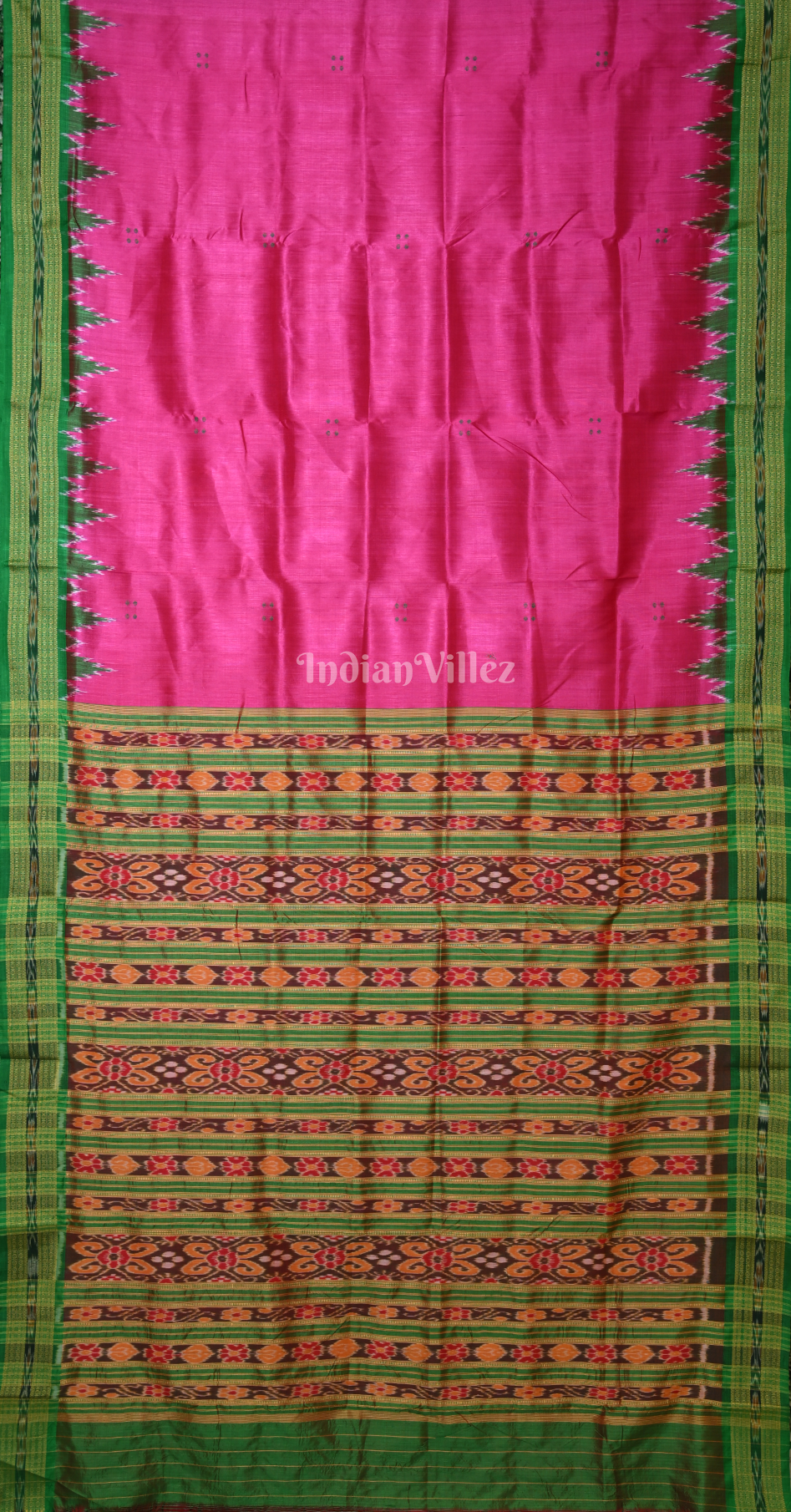 Rani Pink Green Buti Design Odisha Ikat Khandua Silk Saree 
