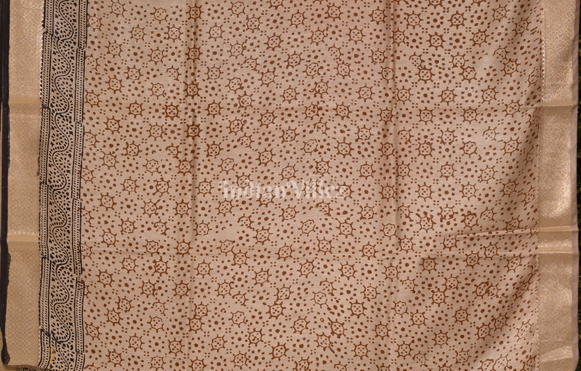 Dark Beige with Maroon Block Printed Bagru Cotton Saree