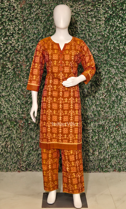Rust Orange Tribal Motif Cotton Kurti Set with Pallazo