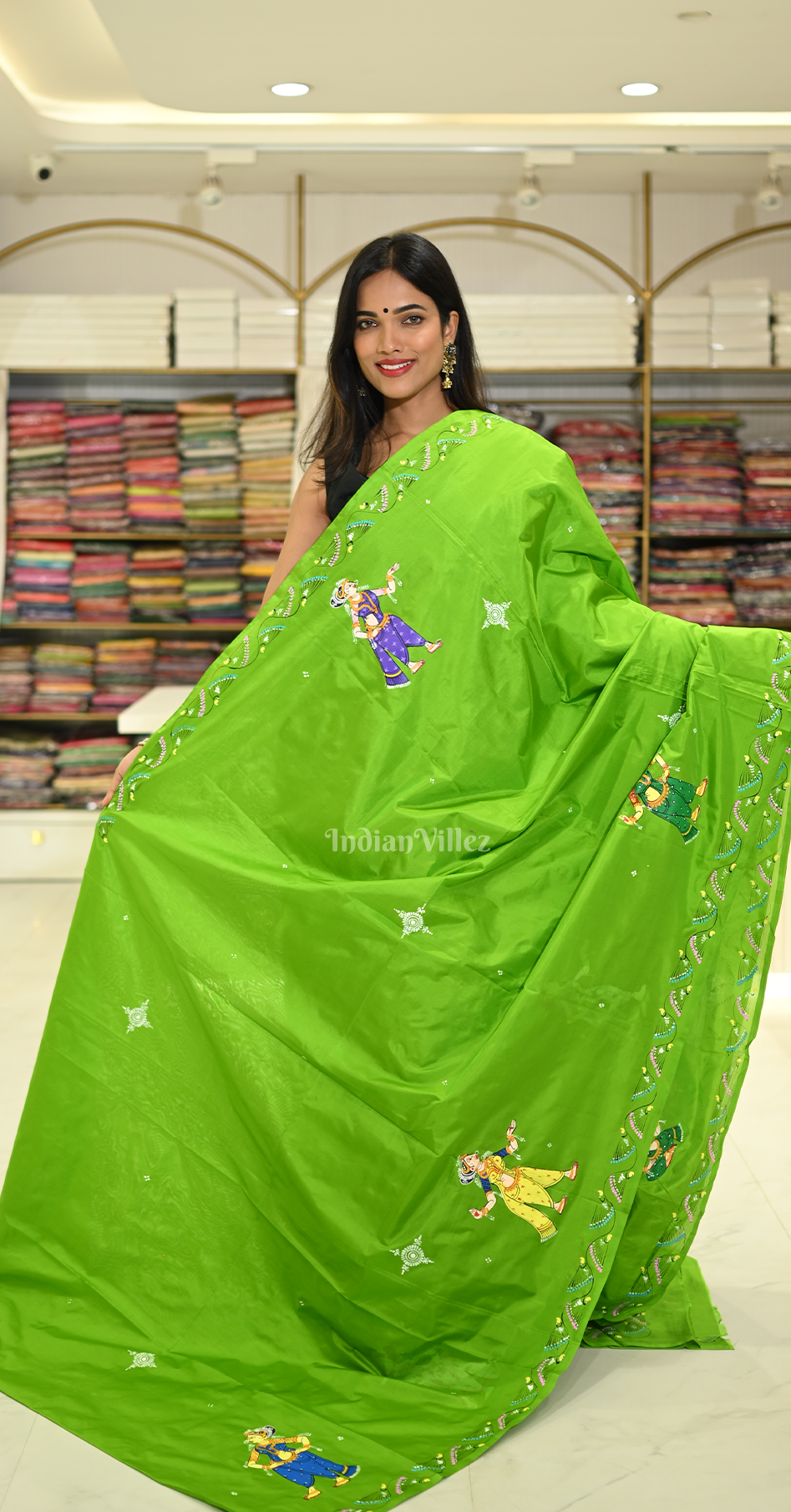 Green Radha Krishna Raas Leela Hand-Painted Pattachitra Saree