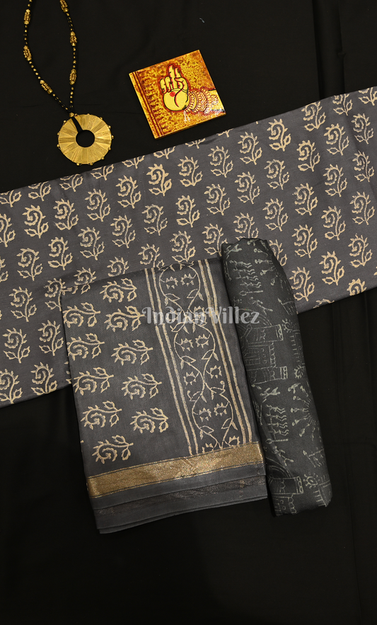 Grey Block Printed Cotton Suit Sets