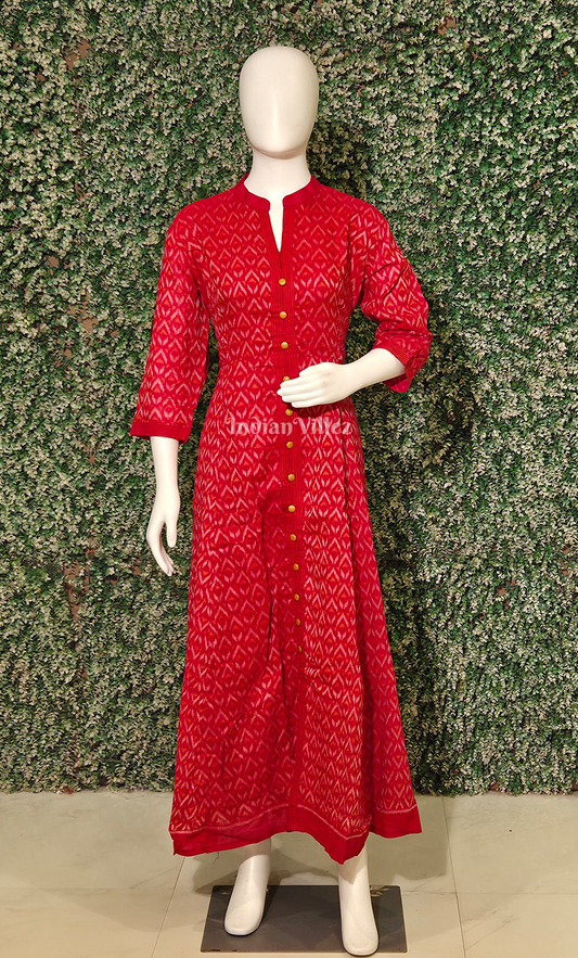 Red Zig Zag Design Odisha Ikat Designer Long Gown for Women
