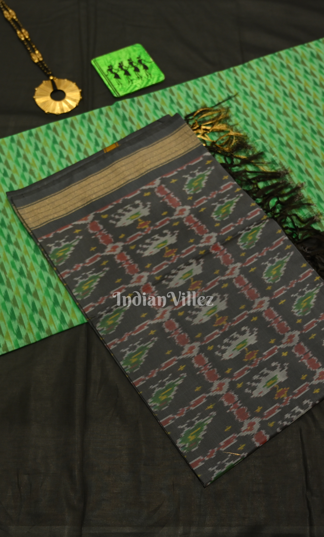 Green Black Pochampally Ikat Sico Unstitched Suit Sets 