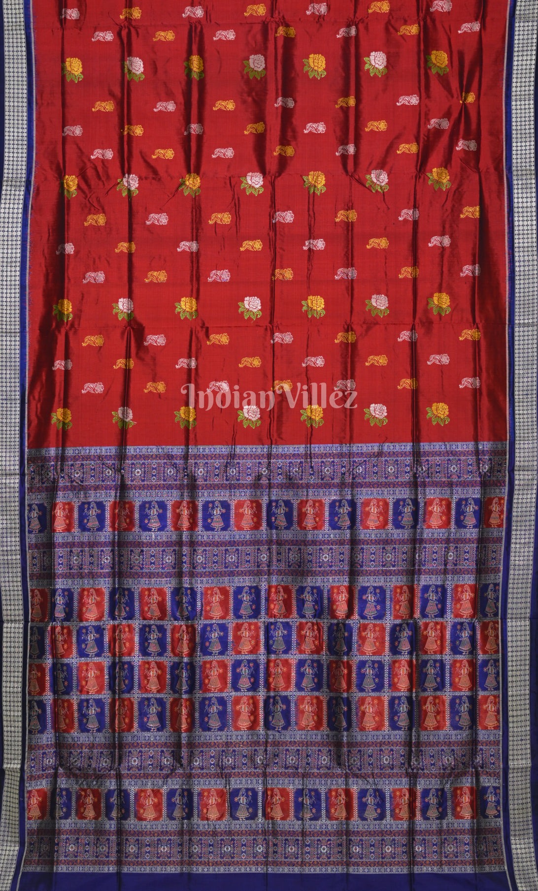 Red Blue Odisha Ikat Bomkai Sambalpuri Silk Saree with Doll Aanchal
