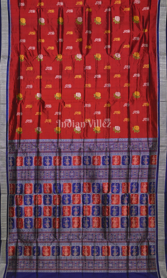 Red Blue Odisha Ikat Bomkai Sambalpuri Silk Saree with Doll Aanchal
