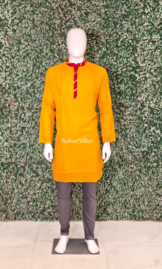 Mustard Yellow Red Odisha Ikat Cotton Kurta for Men