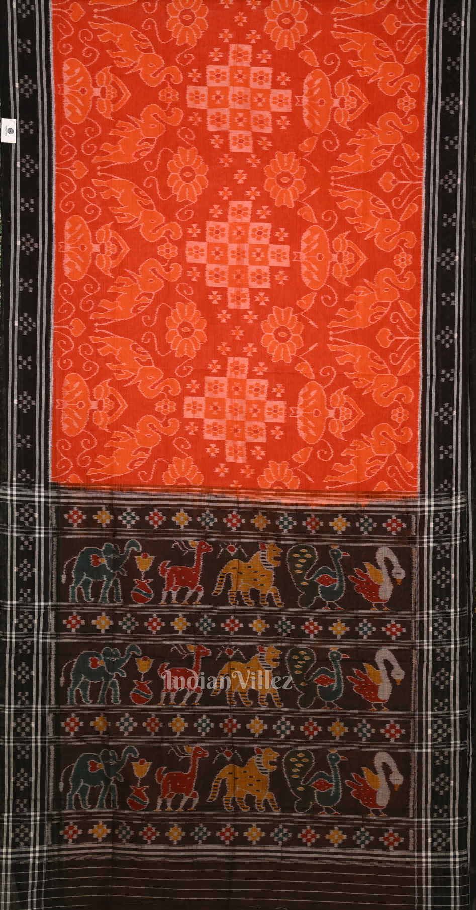 Orange Black Paspali Border Odisha Ikat Sambalpuri Cotton Saree