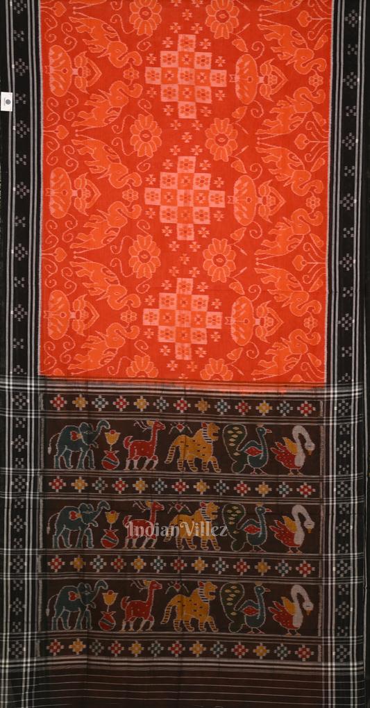 Orange Black Paspali Border Odisha Ikat Sambalpuri Cotton Saree