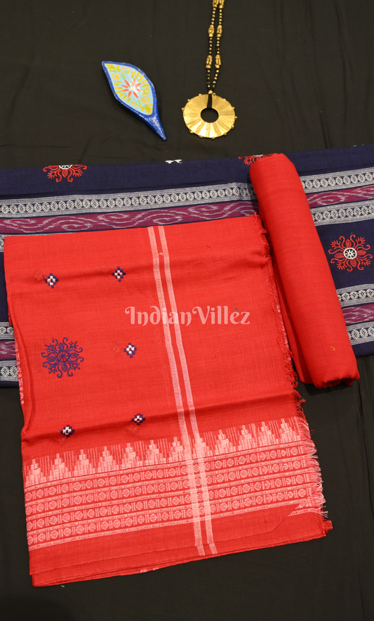 Blue Red Buti Flower Design Odisha Ikat Sambalpuri Cotton Dress set with Dupatta 