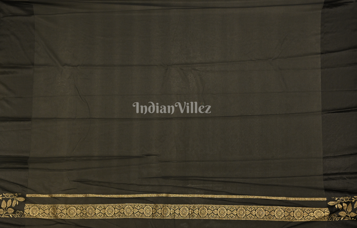 Black Deer Border Pure Satin Crepe Silk Banarasi Saree