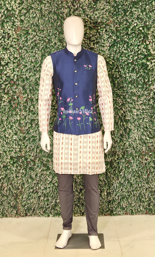 Royal Blue Floral Motif Hand-Painted Pattachitra Half Bandi Jacket for Men