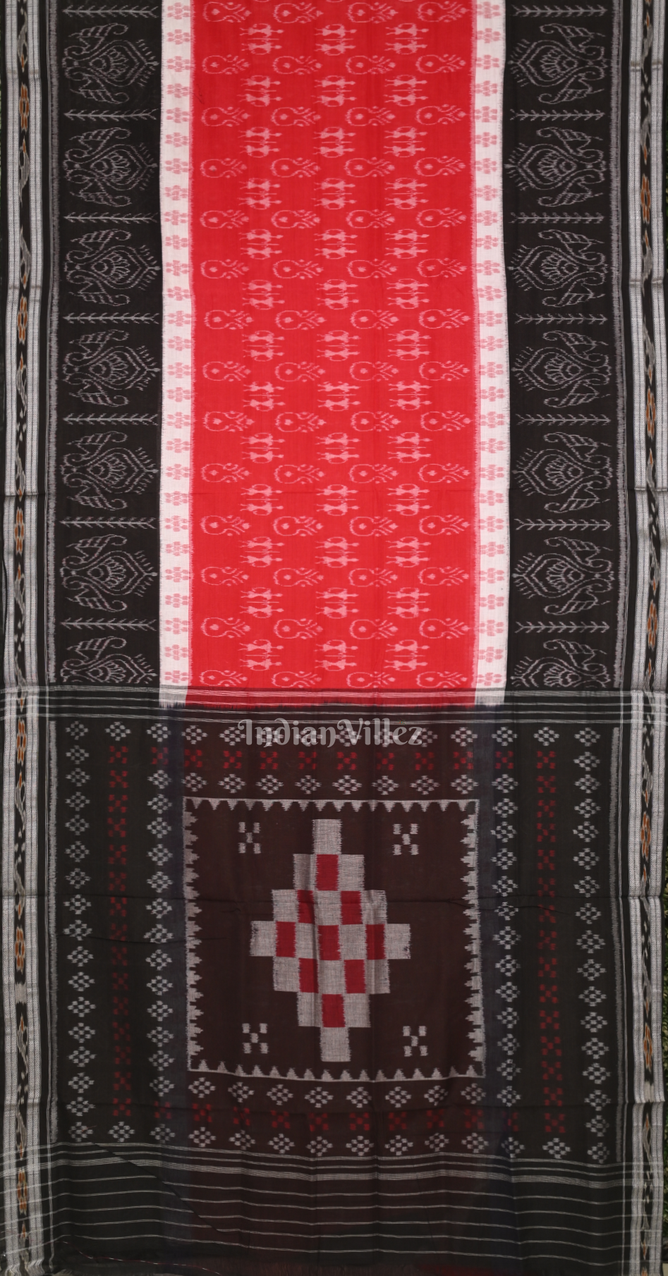 Red Black Tribal Theme Odisha Ikat Sambalpuri Cotton Saree with Pasapali Anchal