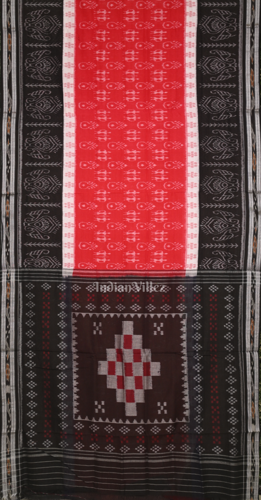 Red Black Tribal Theme Odisha Ikat Sambalpuri Cotton Saree with Pasapali Anchal