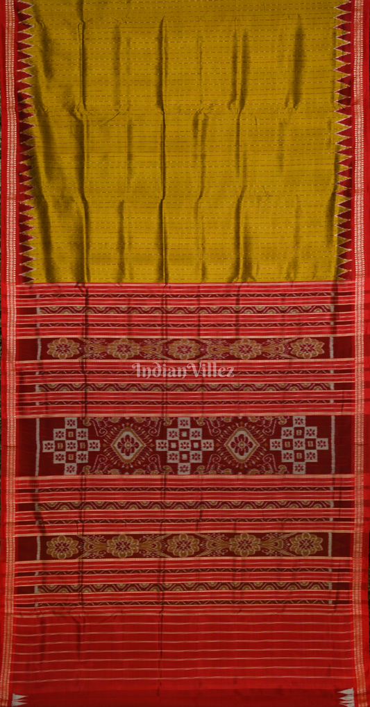 Golden Yellow Maroon Stripe Odisha Ikat Khandua Silk Saree with Blouse Piece