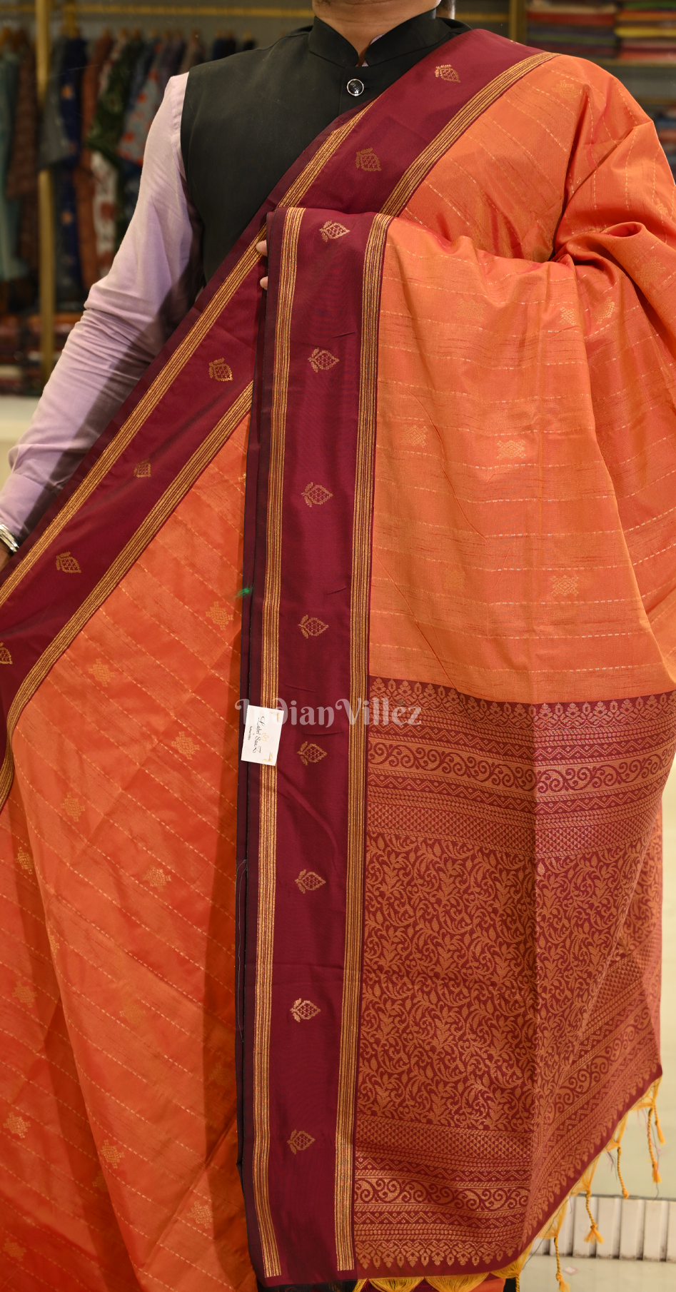 Orange Tussar Silk Saree with Zari weave