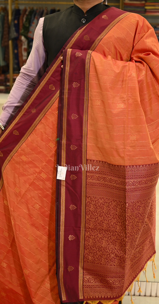 Orange Tussar Silk Saree with Zari weave