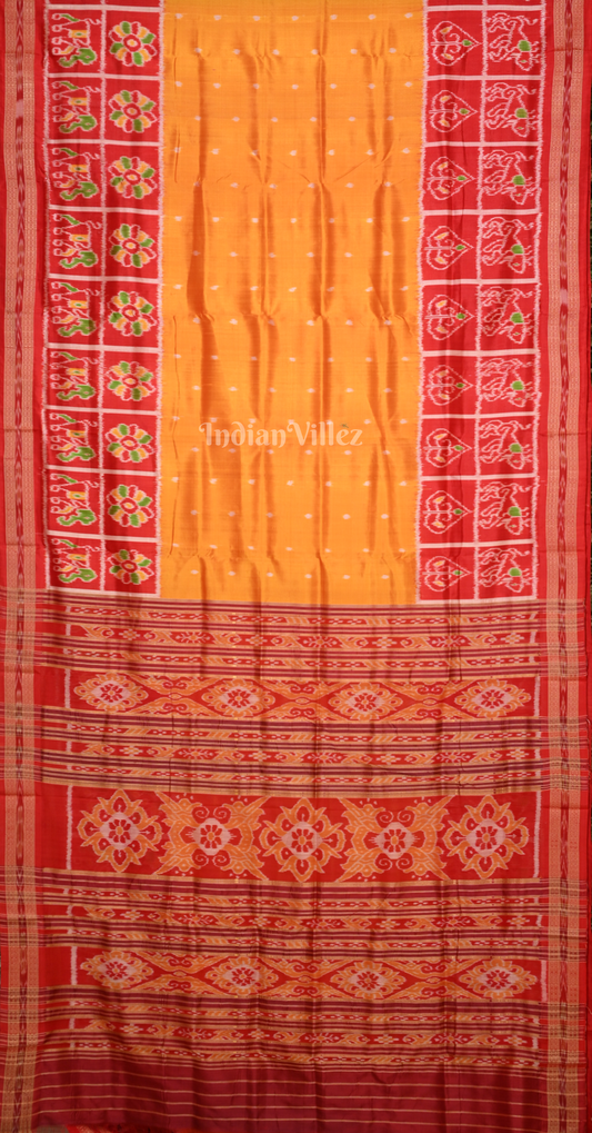 Mustard Yellow Red Dot Half Nabakothi Odisha Ikat Khandua Silk Saree 