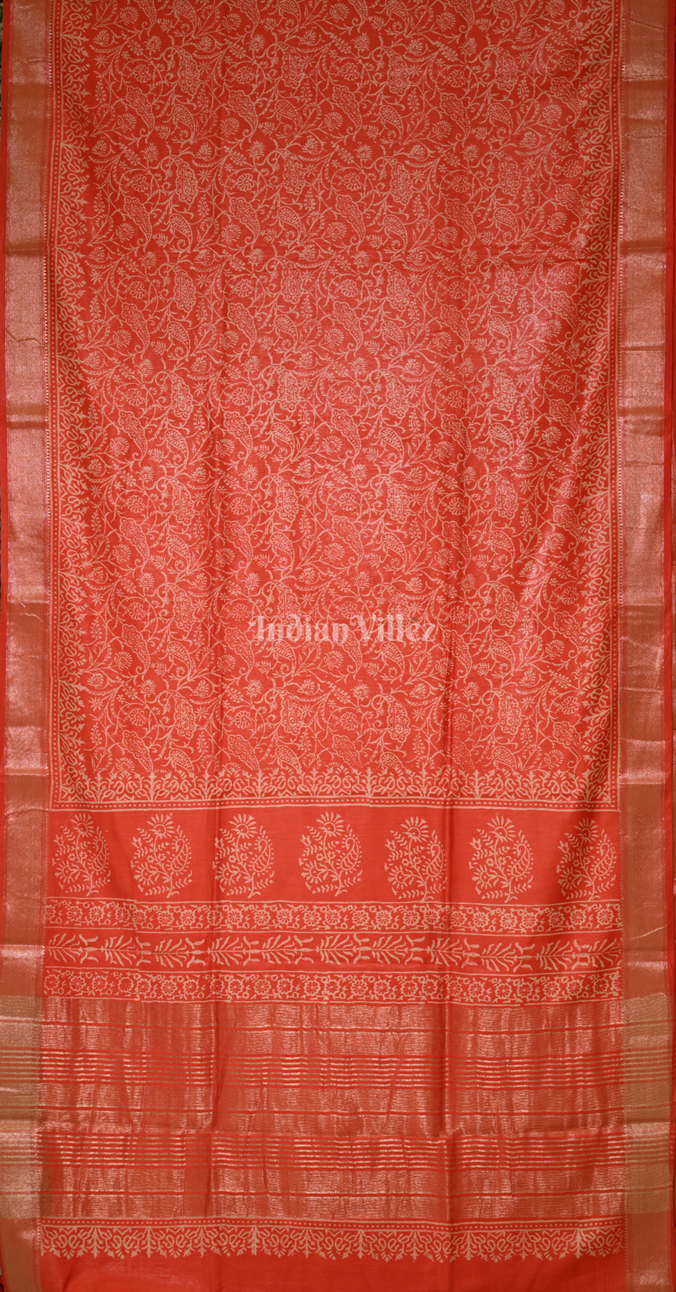 Red Block Printed Cotton Saree 
