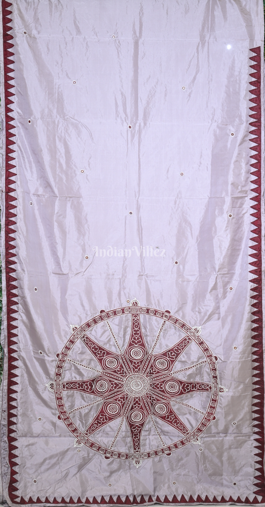 White Maroon Konark Chakra Hand Embroidered Applique Work Saree
