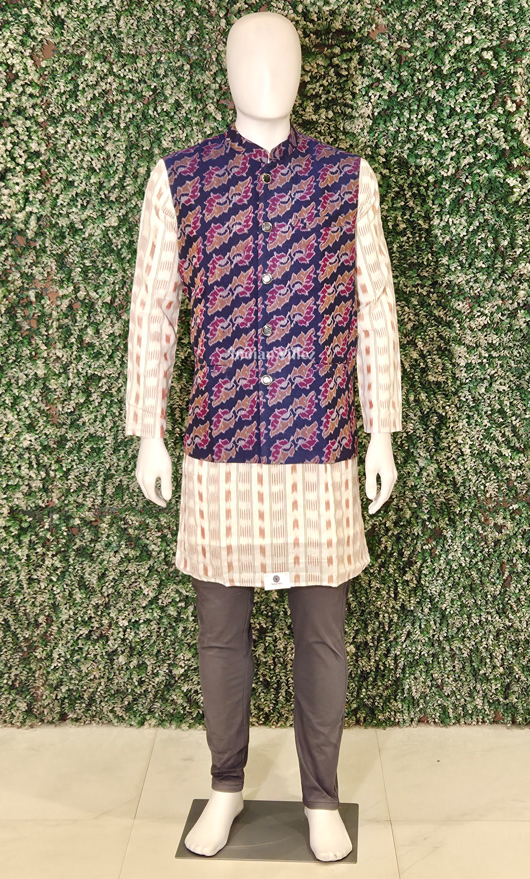 Indigo Blue Brown Leaf Motif Odisha Ikat Half Bandi Jacket for Men 
