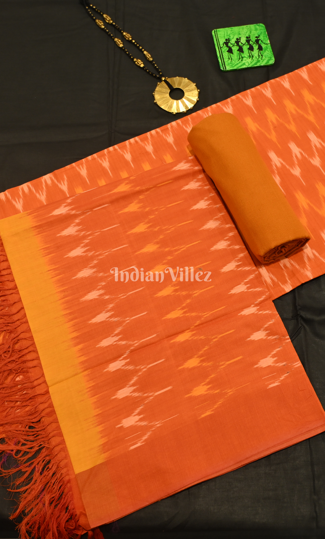   Dark Orange Pochampally Ikat Cotton Unstitched Suit Sets