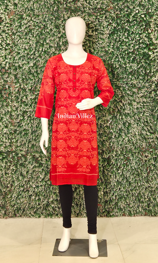 Red Fish Motif Odisha Ikat Designer Cotton Kurti for Women
