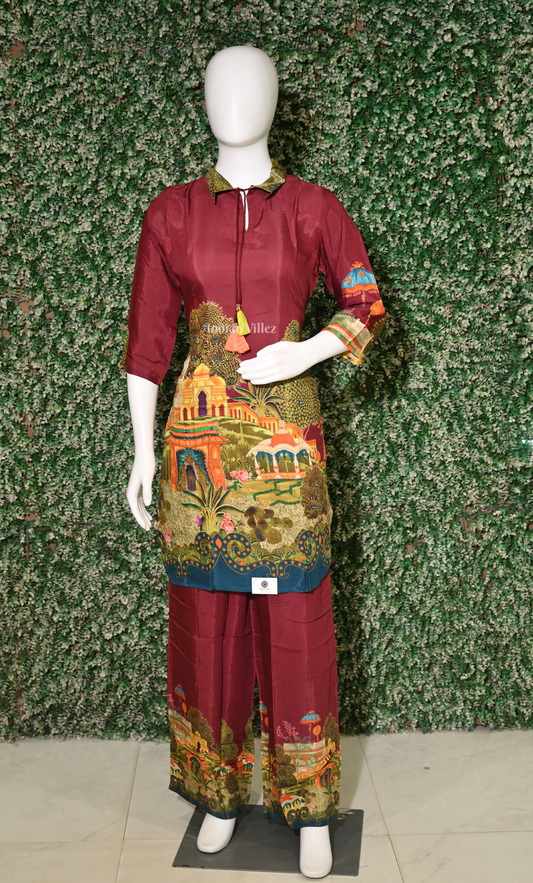 Designer Maroon Printed Kurta & Pant Set-(Co-Ords Set) 