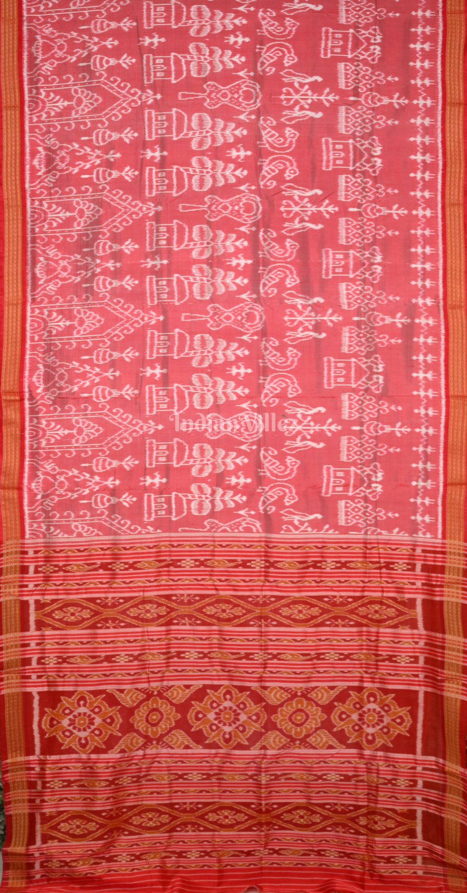 Peach Red Tribal Houses Odisha Ikat Khandua Silk Saree 